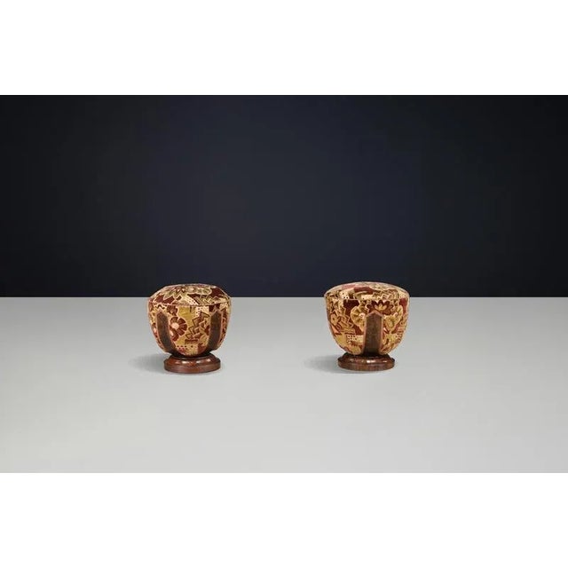 Vintage Italian Art Deco Walnut and Velvet Poufs, 1930s, Set of 4 For Sale - Image 15 of 18