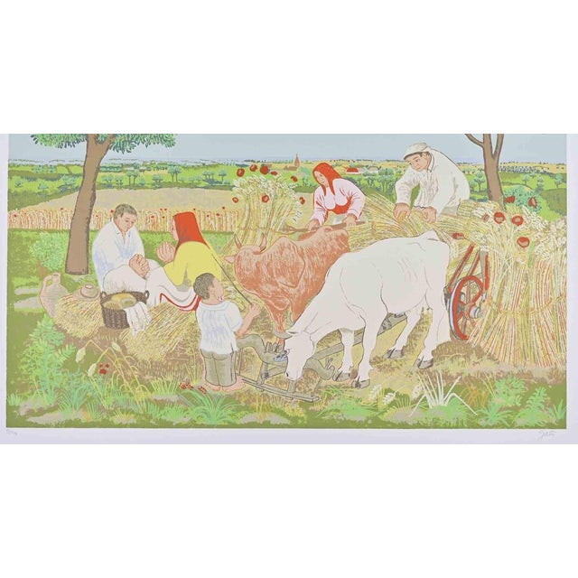 Screen print on paper, realized in 1976. Hand signed and numbered in pencil. Edition of 90. The work depicts a rural...