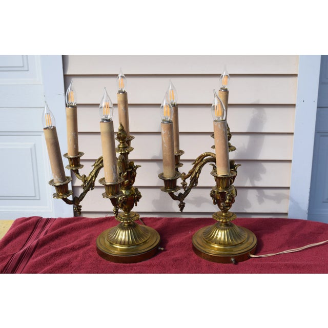 Pair of Early 20th Century Table Top 4 Lights Candelabra Victorian Style Lamps with Lion Heads in Brass For Sale - Image 10 of 12