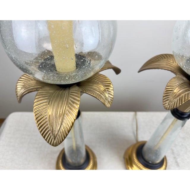 1980s Vintage Hollywood Regency Coastal Brass Palm Hurricane Shade Frederick Cooper Style Table Lamps - a Pair For Sale - Image 5 of 11