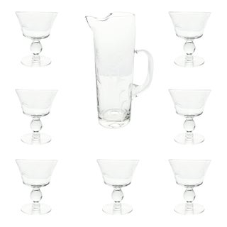 1950s Vintage Mid-Century Etched Wheat 8-Piece Cocktail Martini Liquor Pitcher Glasses Set For Sale