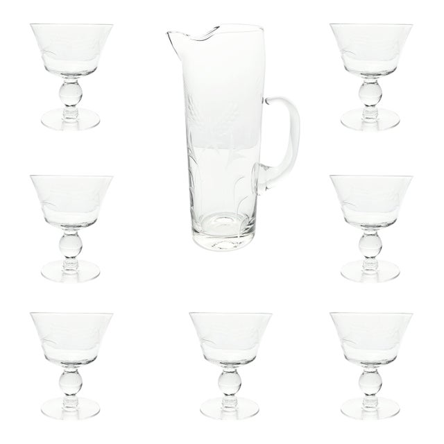 1950s Vintage Mid-Century Etched Wheat 8-Piece Cocktail Martini Liquor Pitcher Glasses Set For Sale