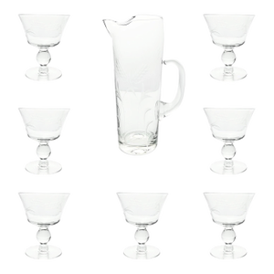 1950s Vintage Mid-Century Etched Wheat 8-Piece Cocktail Martini Liquor Pitcher Glasses Set