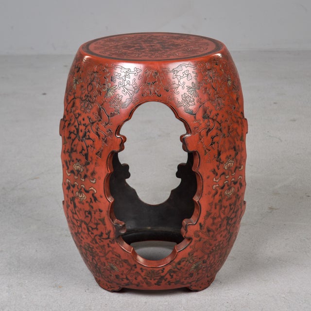 Vintage Chinese Carved and Etched Wooden Drum Table or Stool For Sale In Detroit - Image 6 of 12
