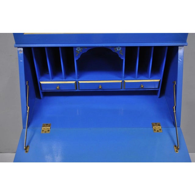 Vintage Chinoiserie Blue Hand Painted Gold Gilt Narrow Bookcase Secretary Desk For Sale - Image 13 of 18