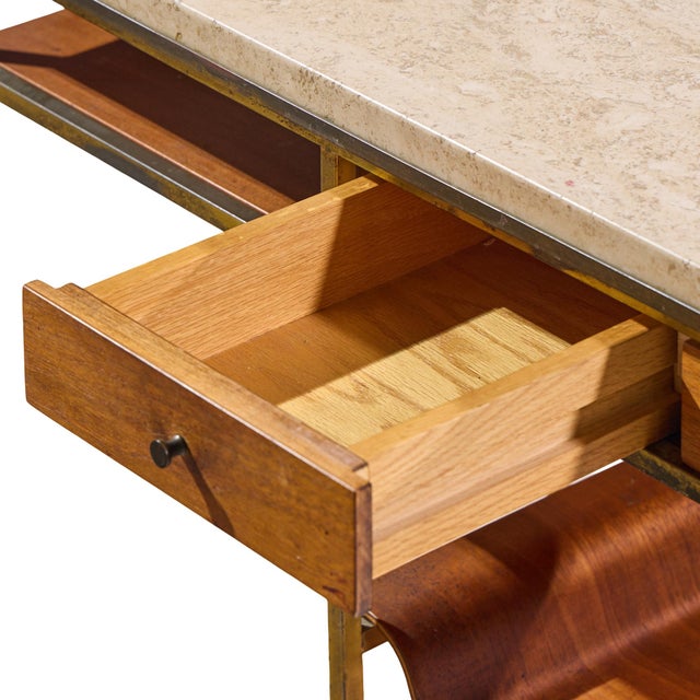 Brown Paul McCobb for Calvin Irwin Collection Model C9203 Mid Century Travertine, Brass and Mahogany Bar Cart For Sale - Image 8 of 11