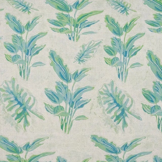 Jewels Fern Verdigris Print on Natural Linen Fabric For Sale