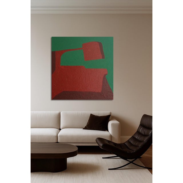 This striking abstract painting presents a bold interplay of deep terracotta red and intense forest green, creating a...