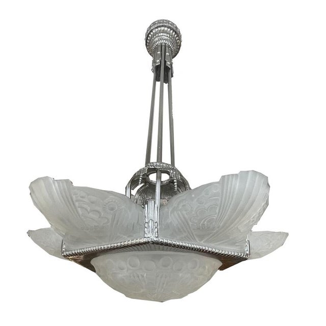 Museum-quality ceiling lamp by Georges Leleu France around 1930. This spectacular French Art Deco chandelier was designed...