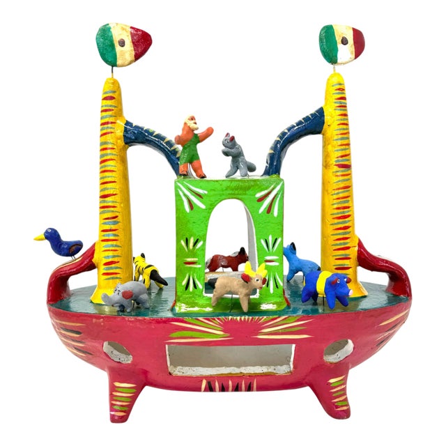1980s Red Mexican Folk Art 'Noah's Ark' by Gerardo Ortega - 12.25" H X 12.5" L X 5.5" W For Sale