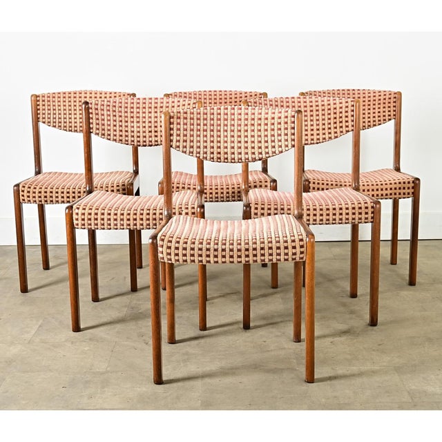 A funky set of six (6) French dining chairs from circa 1970, easily fitting a Midcentury Modern/Scandinavian taste for...