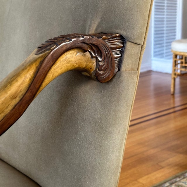 Vintage Richelieu Arm Chair in Antiqued Wood, Suede and Metallic Studs by Kreiss, a Pair For Sale - Image 9 of 12