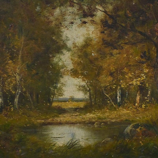This oil on canvas by A. Salvignac unfolds a forest landscape imbued with calm and poetry. The scene depicts an...