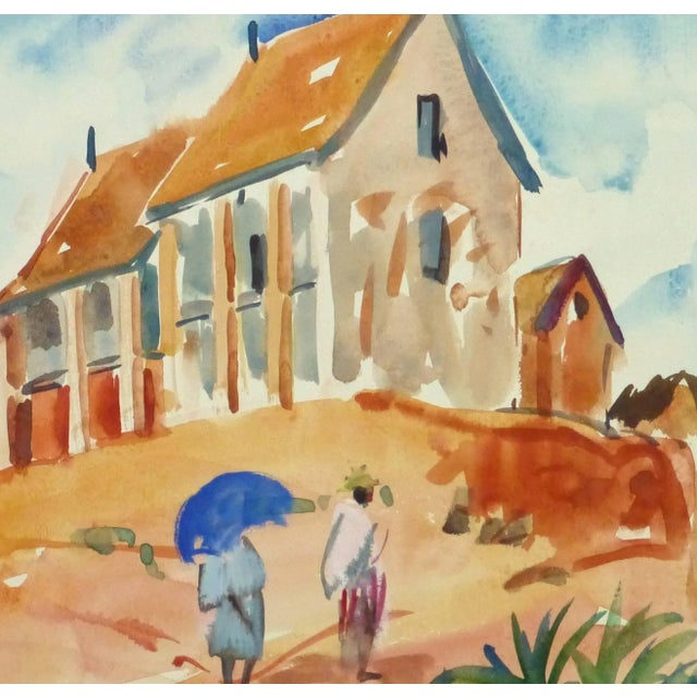 Traditional Stephane Magnard, French Watercolor Landscape - Hilltop Village For Sale - Image 3 of 5