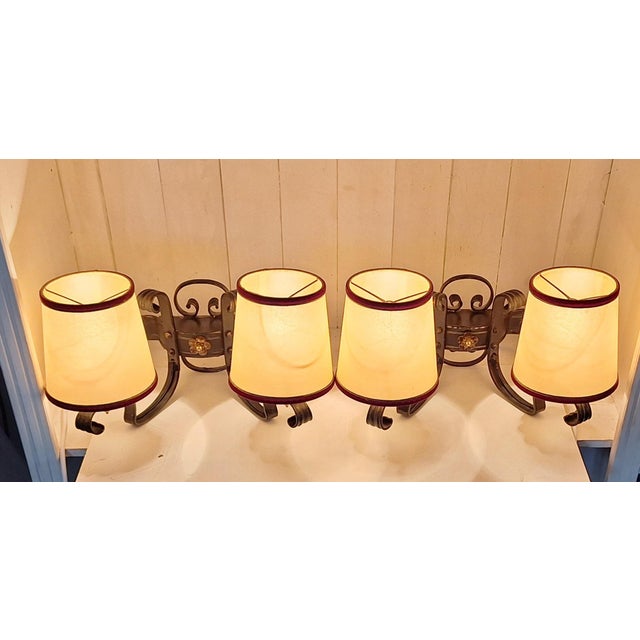Rustic Vintage Rustic 2-Light Wall Lamps with Wrought Iron Frame and Parchment Plug-in Shades, 1970s, Set of 2 For Sale - Image 3 of 8