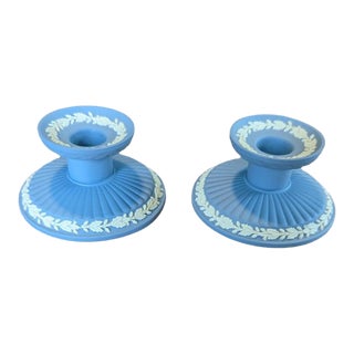 1950s Wedgwood Blue Jasperware Candlesticks - a Pair For Sale