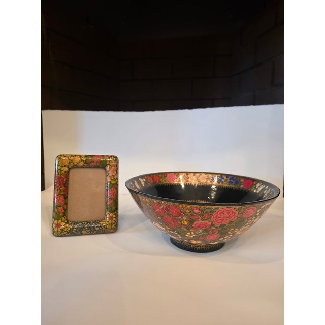 Large Kashmiri Laquerware Papier Mache Bowl and Picture Frame For Sale - Image 9 of 12