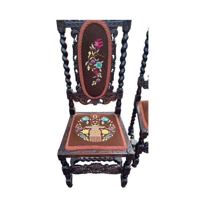 Vintage Pair of Jacobean Wooden Carved and Embroidered Chairs For Sale - Image 4 of 6