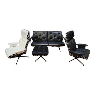 MCM Homecrest Black Wire 2 Swivel Lounges, Loveseat and Ottoman Newly Reupholstered For Sale