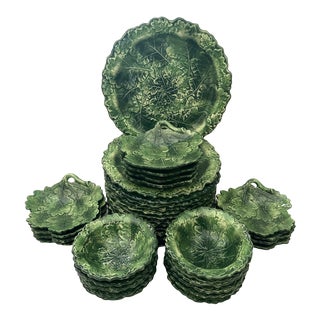 Vintage Vietri "Foglia" Green Leaf Plates & Bowls Set of 37 For Sale
