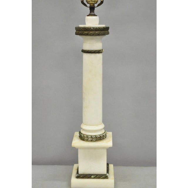 Neoclassical Antique Italian Classical White Carved Marble Empire Column Table Lamp For Sale - Image 3 of 13