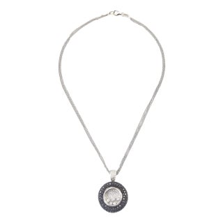 Pave Black and White Diamond Floating Diamond Circle 18k White Gold Pendant Necklace For Sale