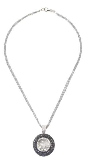 Pave Black and White Diamond Floating Diamond Circle 18k White Gold Pendant Necklace