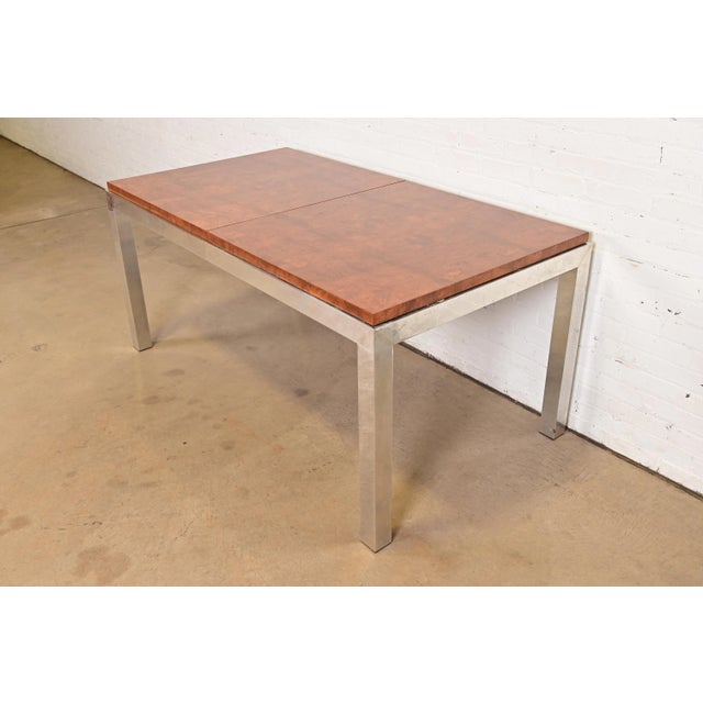 Brown Leon Rosen for Pace Collection Mid-Century Modern Burl Wood and Chrome Extension Dining Table, Newly Refinished For Sale - Image 8 of 11