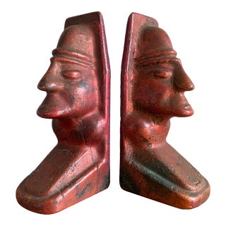 Mid-Century Modern Mayan-Inspired Solid Cast Copper Bookends - a Pair For Sale