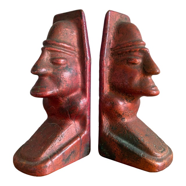 Mid-Century Modern Mayan-Inspired Solid Cast Copper Bookends - a Pair For Sale
