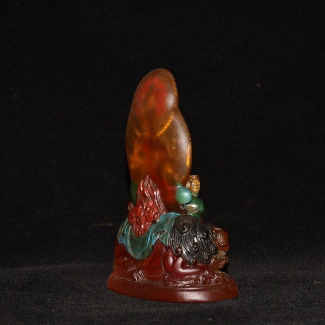 Vintage Chinese Liuli Glazed Porcelain Buddha Statue With Lion Mount For Sale In Los Angeles - Image 6 of 9