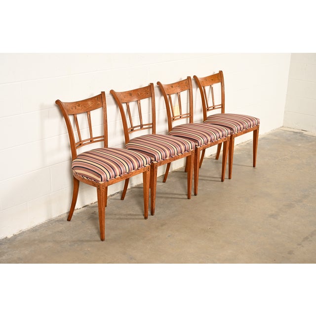 Michael Taylor Antique Italian Regency Fruitwood Inlaid Marquetry Dining Chairs, Set of Four For Sale - Image 4 of 17