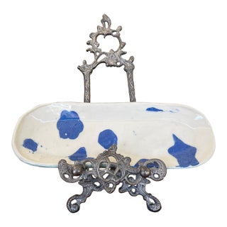 Handmade Studio Pottery Tray With Blue Abstract Glaze and Textured Underside For Sale