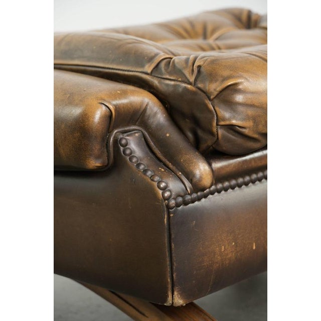 Brown English Chesterfield Ottoman in Cowhide Leather on Wheels For Sale - Image 8 of 13