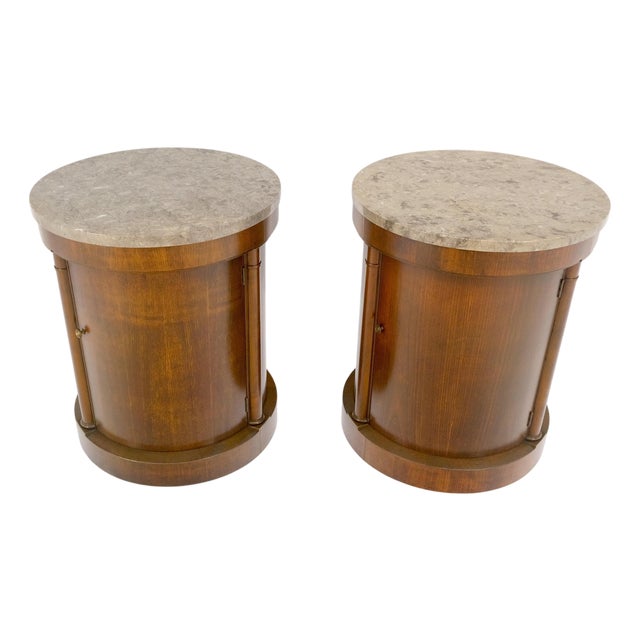 Baker Pair Cylinder Drum Shape Marble Top One Door Compartment Side End Tables For Sale