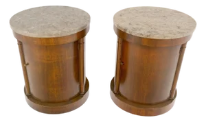 Baker Pair Cylinder Drum Shape Marble Top One Door Compartment Side End Tables