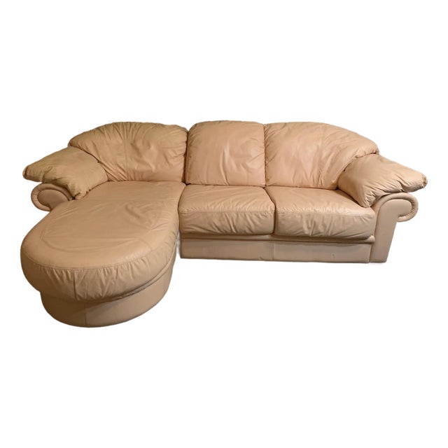 1990s Peach Leather Sofa With Attached Chaise Lounge For Sale