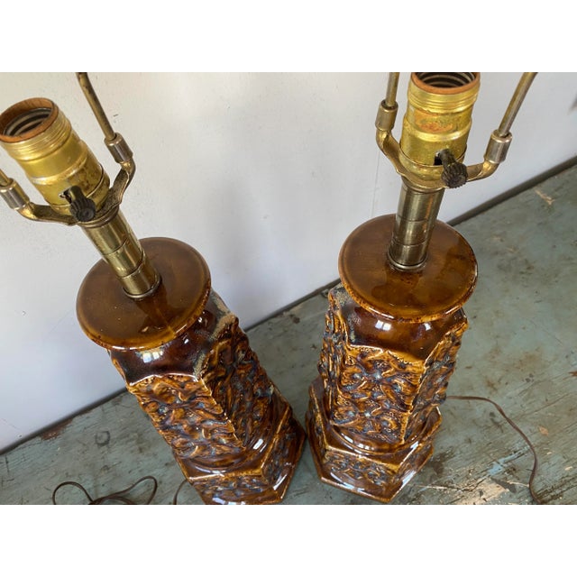 Vintage Large Ceramic Brown Drip-Glazed Retro Pottery Table Lamps - a Pair For Sale - Image 10 of 13