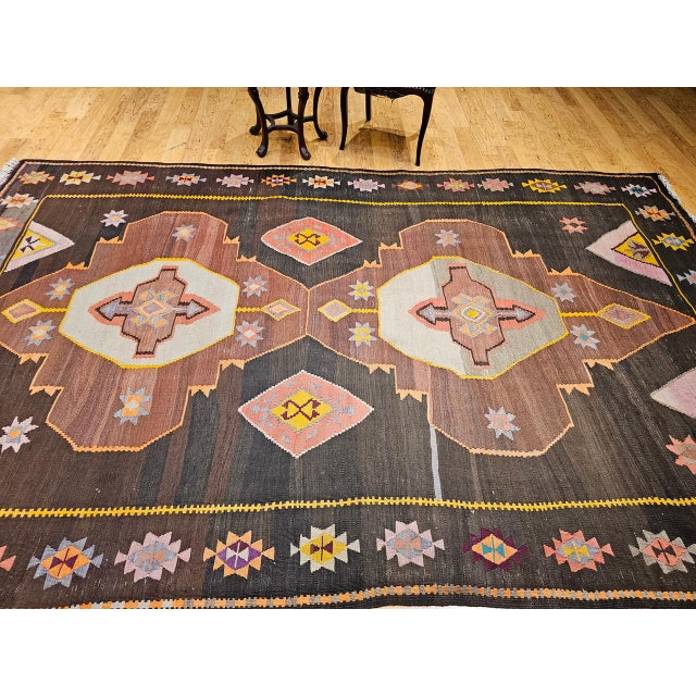 Textile Vintage Turkish Kilim Rug, Handwoven Wool, Chocolate Brown, Pale Green, 7x11 For Sale - Image 7 of 15