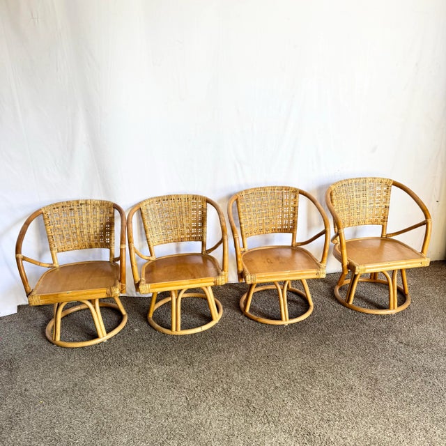 Boho Chic Rattan Wicker Swivel Arm Dining Chairs - Set of 4 For Sale - Image 4 of 9