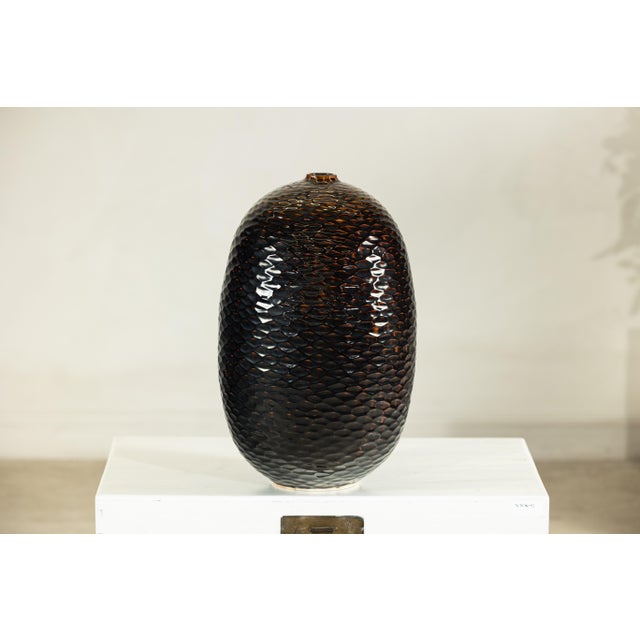 Artisan Large Honeycomb-Textured Ceramic Vase in Deep Brown and Black Glaze For Sale - Image 16 of 18
