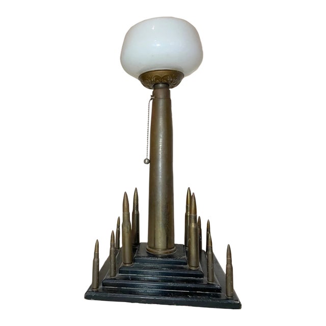 Large Vintage Handmade Military Trench Art Bullet Shell Brass Wood Table Lamp For Sale
