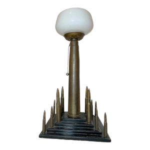 Large Vintage Handmade Military Trench Art Bullet Shell Brass Wood Table Lamp