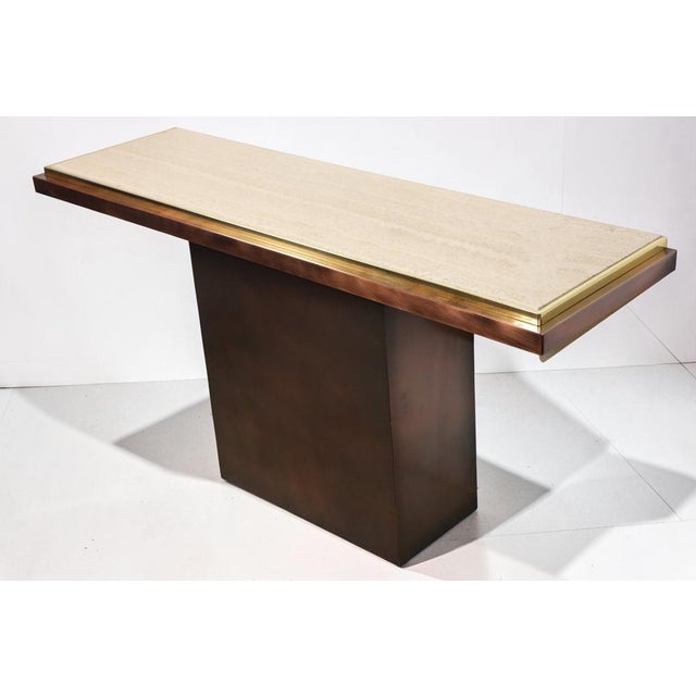 Mid-Century Modern Minimalist Console in Travertine and Patinated Metal, 1970s For Sale - Image 3 of 18