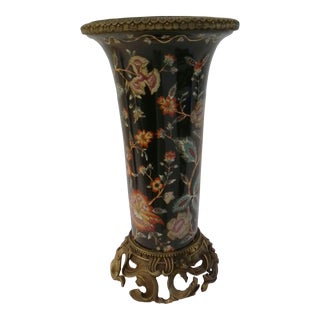 Vintage Asian Black Floral Ceramic & Brass Vase For Sale
