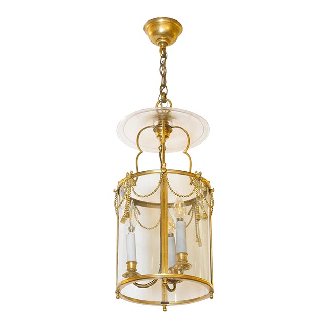 Mid 20th Century Gold Gilded Bronze French 3 Light Cylinder Ceiling Lantern For Sale