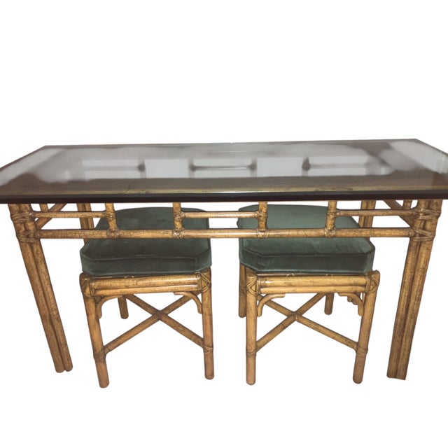 1970s McGuire Bamboo Console Table With a Glass Top & Two Matching Stools . For Sale - Image 10 of 11