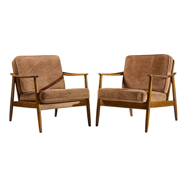 Folke Ohlsson for Dux Model 247 Mid Century Walnut and Cane Lounge Chairs - Pair For Sale