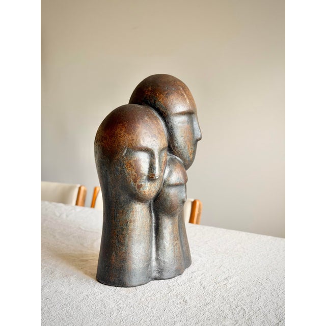 1970s Modernist Three-Head Bust Sculpture of Bronzed Terracotta in Brancusi / Modigliani Style Abstract Figurative Ceramic For Sale - Image 9 of 12