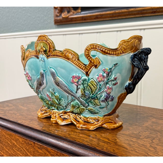 Antique French Onnaing Majolica Cache Pot Planter Bowl Jardiniere Love Birds For Sale - Image 17 of 18